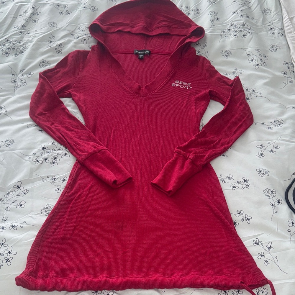 BEBE SPORT Red Hooded Long Sleeve Tunic Sweater